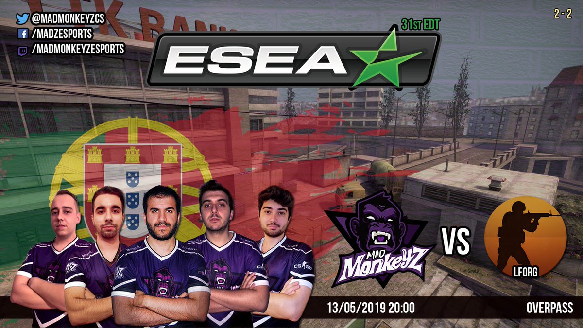 MadMonkeyzCS's tweet photo. Cá vamos nós para mais um jogo da 31ª Season da ESEA. Vamos jogar em Overpass contra os #LFOrg.

#GoMadz #MMzArena #Clickdarts https://t.co/gMhaOe90pe