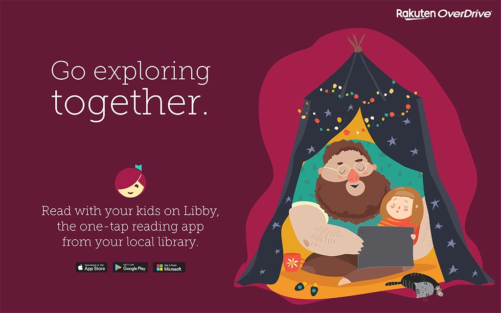 an illustrated graphic of a man and little kid reading a tablet together under a blanket fort