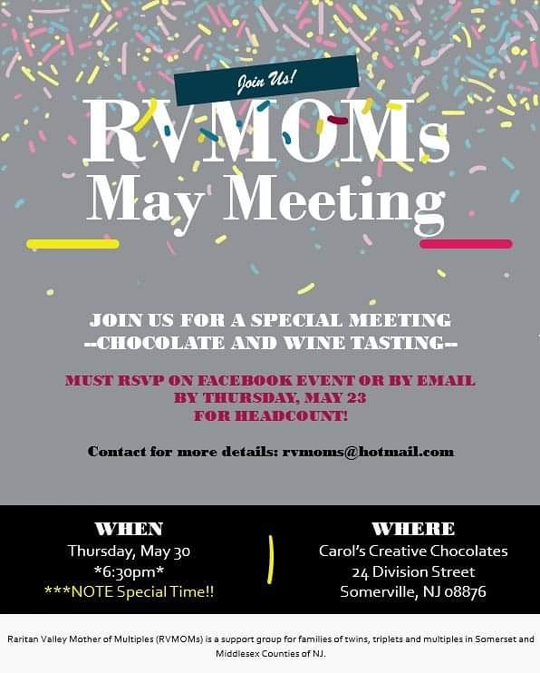 RVMOMs's tweet photo. Join us for our special May meeting at Carol's Creative Chocolates for a Chocolate and Wine Tasting! 
Thursday, May 30, 6:30 PM
***MUST RSVP FOR HEAD COUNT BY THURSDAY, MAY 23***
Contact us at rvmoms@hotmail.com for more info!! https://t.co/Ju1fHbYIul