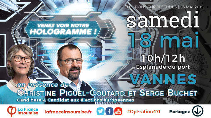 DesphiV's tweet photo. Rendez-vous samedi 18 mai à 10h au port à #Vannes pour l'étape de l'#holovan de la @FranceInsoumise. Hologrammes et rencontre avec Christine Piguel & Serge Buchet @serbuc56, candidats de la liste #MaintenantLePeuple conduite par @ManonAubryFr
#Européennes2019 #BretagneInsoumise https://t.co/G4hSjck7Tm
