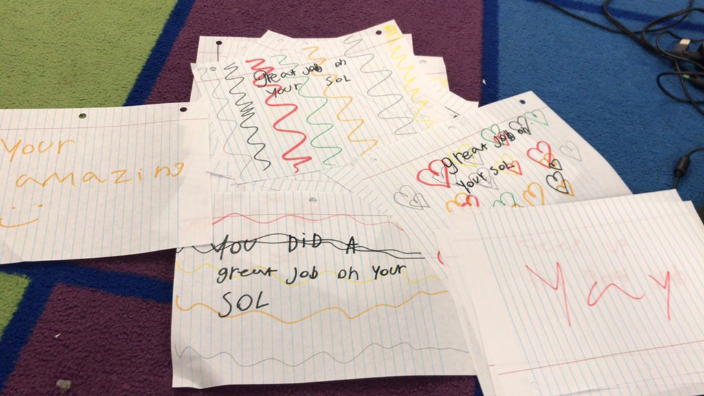 MissMarianMack's tweet photo. In the midst of testing, it can be hard to remember that there are things tests don’t measure. Today, a student reminded me that I’ve taught them more than test skills when she wrote letters of encouragement for EVERY 3rd grader in our community. @WESBearTracks #multiagemoves https://t.co/AtNUPKhj8G