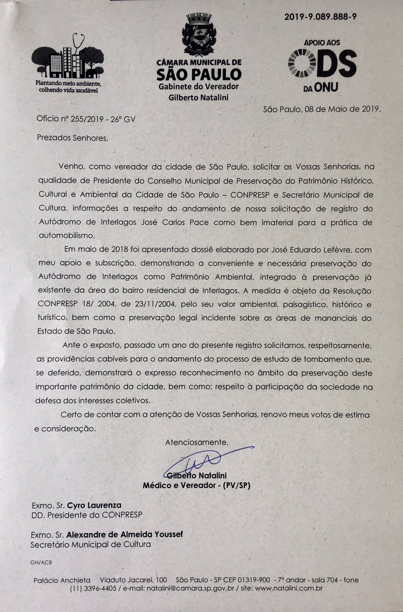 acbtj's tweet photo. Como vai o andamento da solicitação de preservação do Autódromo de Interlagos como Patrimônio Ambiental? Passado um ano do pedido, o vereador @gnatalini solicita NOVAMENTE ao #conpresp e #Condephaat , as providências cabíveis. Pela defesa de #Interlagos e do #meioambiente !!! https://t.co/dQ59dyDDEi