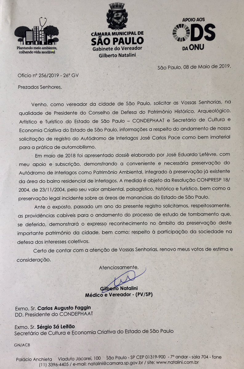 acbtj's tweet photo. Como vai o andamento da solicitação de preservação do Autódromo de Interlagos como Patrimônio Ambiental? Passado um ano do pedido, o vereador @gnatalini solicita NOVAMENTE ao #conpresp e #Condephaat , as providências cabíveis. Pela defesa de #Interlagos e do #meioambiente !!! https://t.co/dQ59dyDDEi