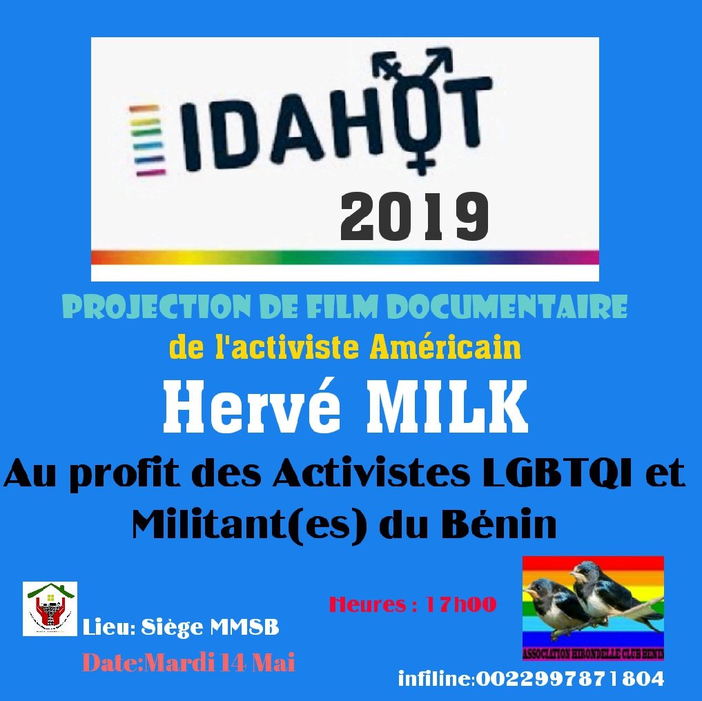 HirondelleBenin's tweet photo. Projection de film Documentaire de l'activiste Hervé Milk au profit des Activiste LGBTQI , Militant(es) en prélude a la journée de 17Mai @Harry_van_Dijk @ambafrancebenin @UEauBenin @USEmbassyBenin @AllemagneDiplo @SOShomophobie @amnestybenin @amouretvieabms @InterLGBT https://t.co/ISq5M5sua1