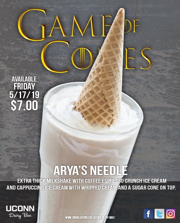 UConnDairyBar's tweet photo. Winter arrives at the @UConn Dairy Bar on Tuesday! Each day we're offering a Game of Thrones inspired menu item leading up to the final episode on 5.19! #GameOfCones #GameOfThrones #UConn #UConnDairyBar #GoTicecream ⚔️🐉👑🔥 https://t.co/hEhWBADgMZ