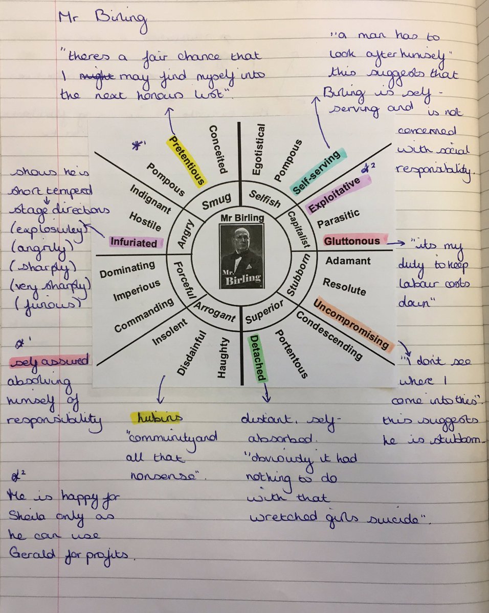 MissHSpeed's tweet photo. Mr Birling vocab wheel used as a springboard to annotate with ideas and quotes; students are able to develop their ambitious vocabulary in context, hopefully making it stick! Thank you for the excellent idea @FergalBonio! #TeamEnglish https://t.co/cj4MLMGVMp https://t.co/uT7gySRr3j