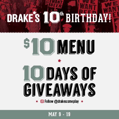 CoachCalArk's tweet photo. Congrats to my friends Bruce and Brian on celebrating Drake’s 10th Anniversary! 

Join the party with a $10 menu, 10 days of giveaways on Instagram (@drakescomeplay), trivia, free cookies for kids and more. https://t.co/S5lJFynMiR https://t.co/AzEFKI9LlK