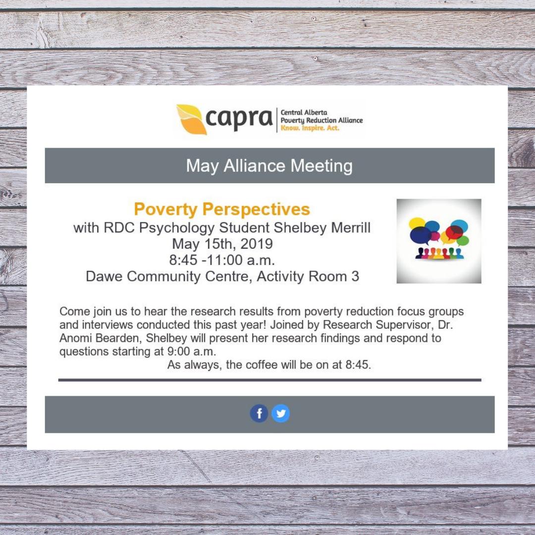 CAPoverty's tweet image. Come join us this Wednesday morning from 9-11am! @RedDeerCollege Psychology student Shelbey Merrill will be presenting her findings from the poverty reduction focus groups and interviews. Hope to see you there 😃