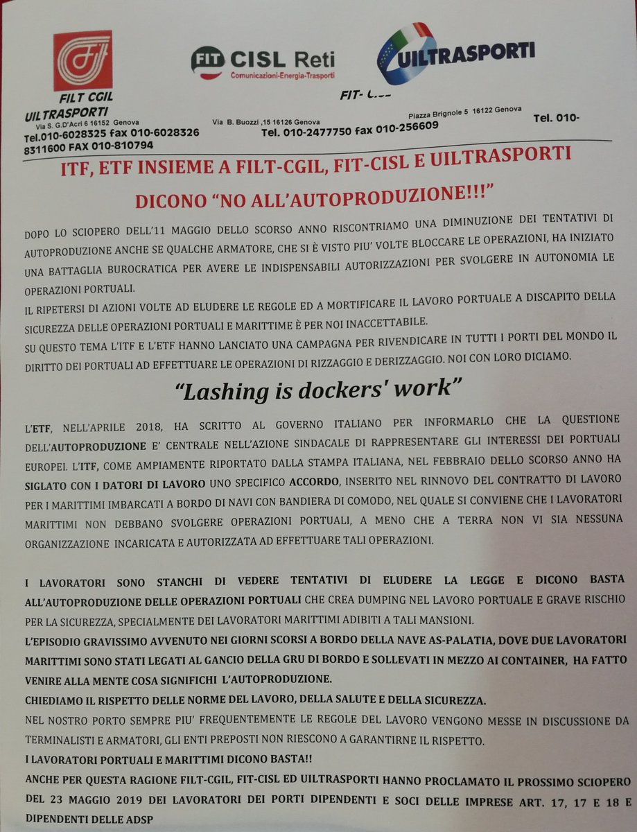 CislLiguria's tweet photo. Conf. #stampa a #Genova #Itf, #Etf, #Filt, #Fit, #Uilt su #autoproduzione. Presente il segr. gen. @ITFDockers Paddy #Crumlin. No a liberalizzazione autorizzazioni del #lavoro nelle operazioni marittime e portuali, il #23maggio #sciopero nazionale #porti @FitCisl_Liguria @FitCisl https://t.co/GV1PO0XaTv