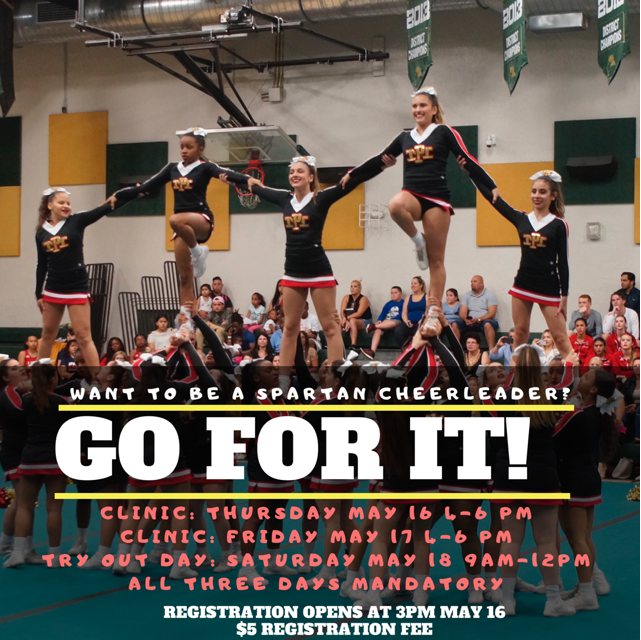 PaceSpartans's tweet photo. Want to be a Spartan Cheerleader? This is your chance!
Registration starts this Thursday, May 16th at 3pm and cheer clinic will run Thursday and Friday from 4-6pm!
#PaceCheer #PaceSpartans #SpartanPride #PaceAthletics #WeArePace https://t.co/CGOq6ePB0a
