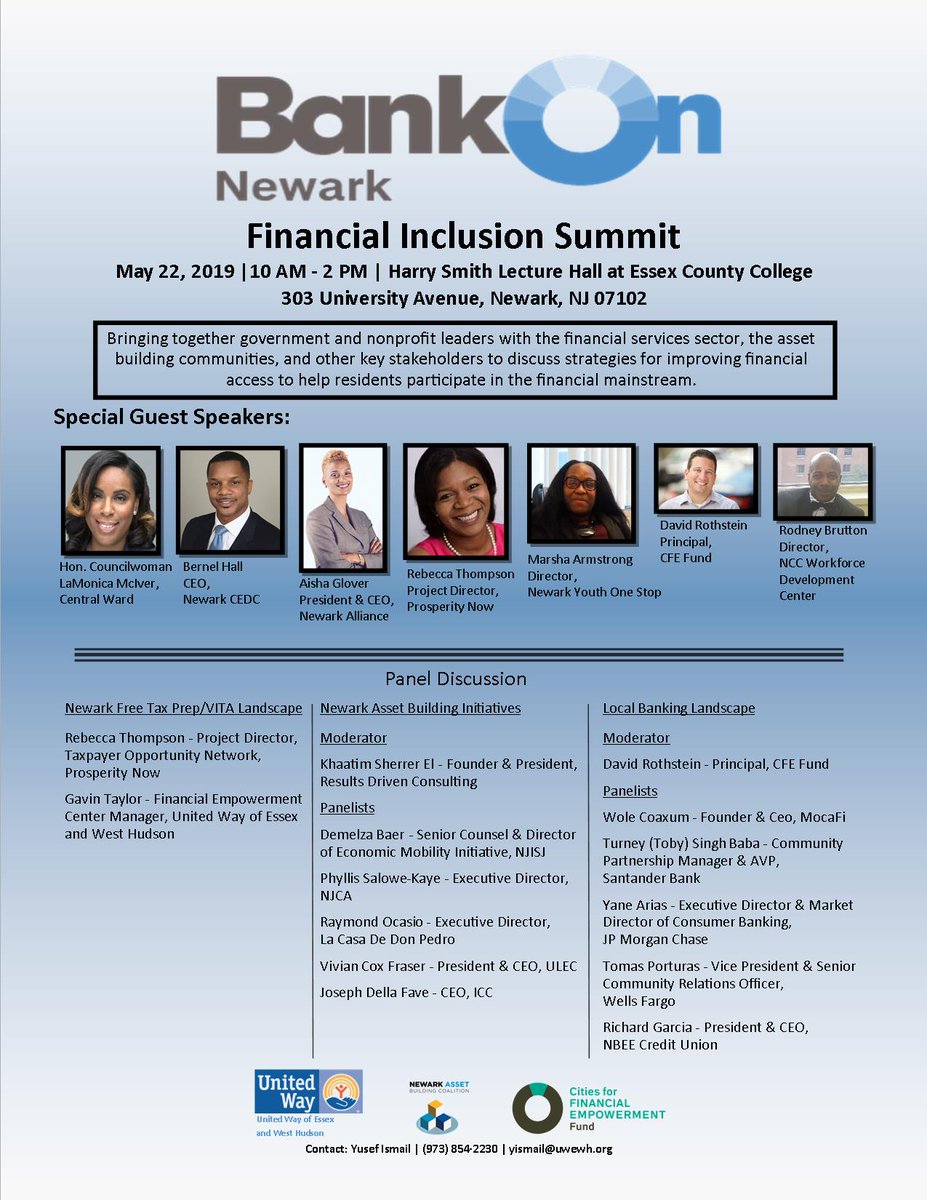 YusefIsmail163's tweet photo. Please SAVE-THE-DATE and join us on Wednesday, May 22nd from 10 a.m. until 2 p.m. at Essex County College. We have a very diverse and powerful list of speakers and panelists presenting at Newark's first of its kind Financial Inclusion Summit. https://t.co/vA0carB79T