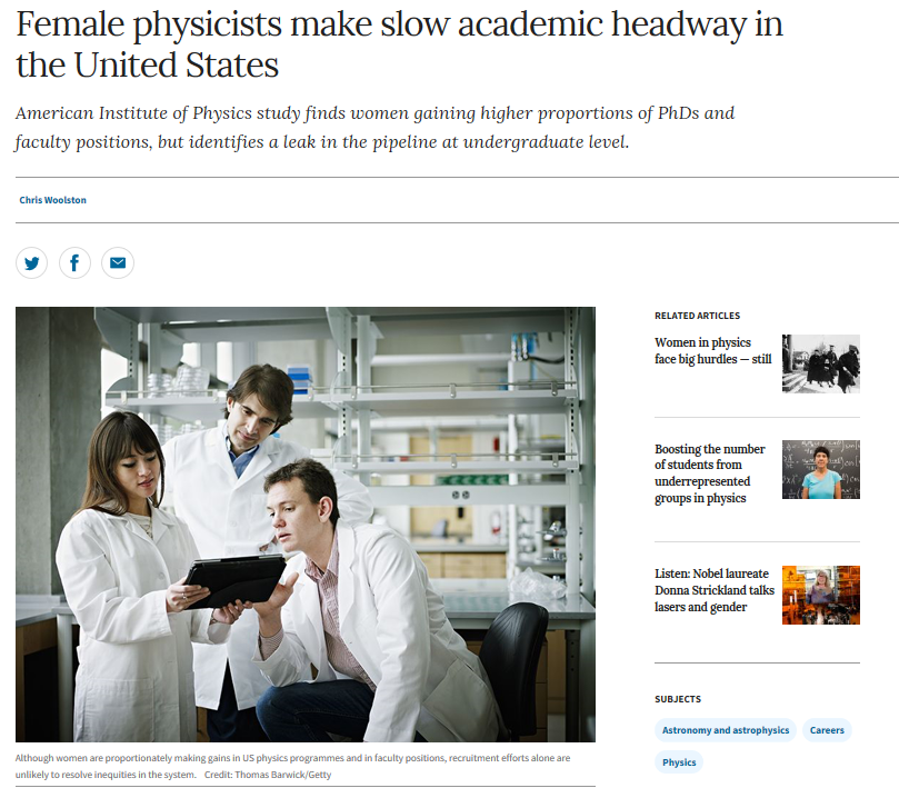 AIP_Stats's tweet photo. #AIPStats in the News: Female physicists make slow academic headway in the United States. AIP study finds women gaining higher proportions of PhDs and faculty positions, but identifies a leak in the pipeline at undergraduate level @nature https://t.co/YXlA5qutKn https://t.co/oOsEKrX7MC