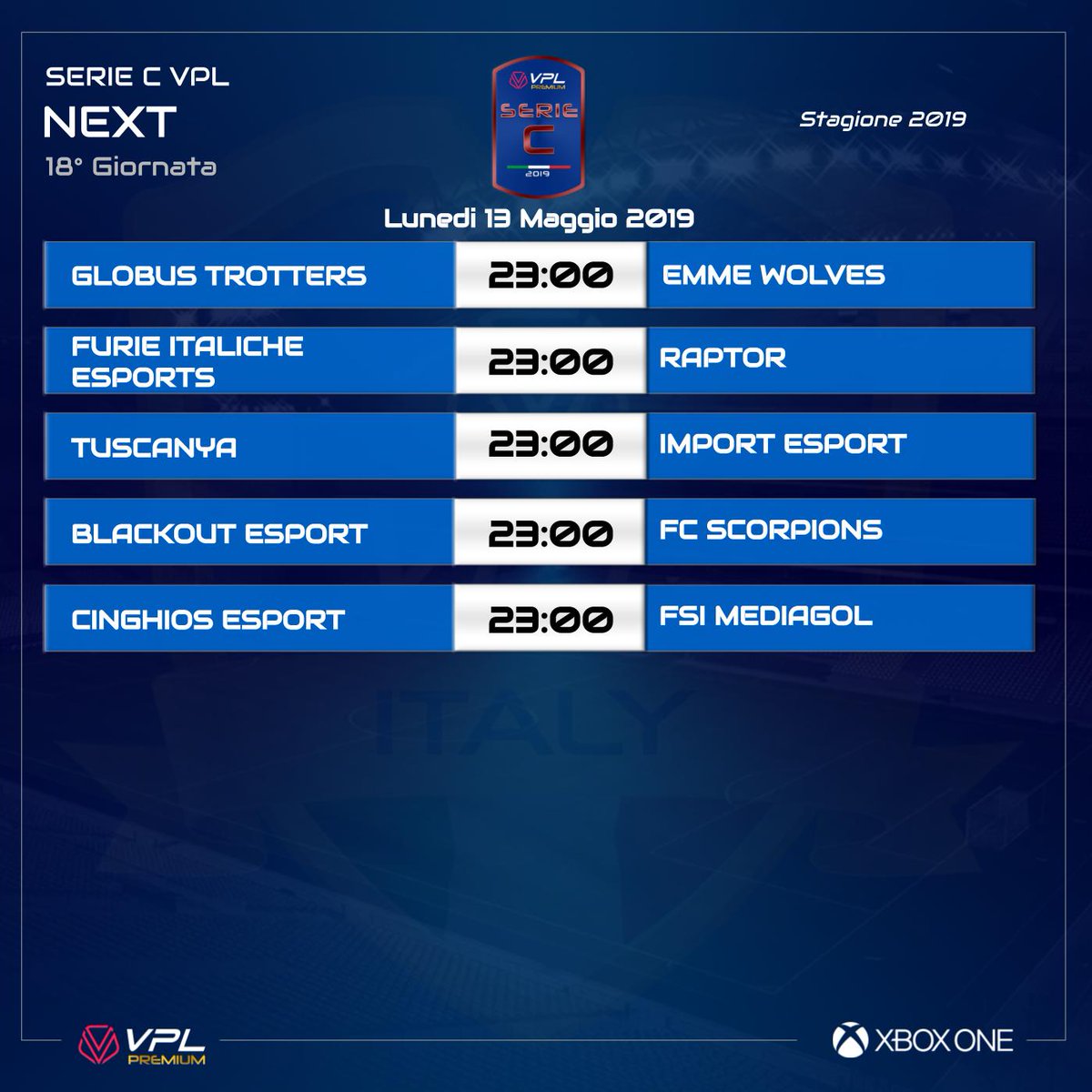 VPLItaly's tweet photo. 🔥 [#XBOX] Questa sera alle ore 23.00 si giocheranno le partite della 18° giornata del campionato #PREMIUM VPL!

👇 Ecco chi scenderà in campo nelle leghe di Serie A/B/C!

🎯 Alle 23:30 verrà trasmesso il posticipo tra @EmpoliProClub vs @HypnotizeFifa 

📺 https://t.co/y0uuGTa7AZ https://t.co/3Bsy18CwgJ