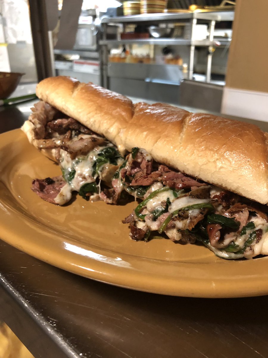 PoorRichardPub's tweet photo. Smoked Pork Cheesesteak! For lunch Monday we’re doing a 1/2 with side. Smoked pork tenderloin shaved thin with wine braised spicy spinach, roasted garlic mayo, and provolone #cheesesteak #porktenderloin #poorrichardspub #wexford #wexfordpa #412eats #724eats #mccandless #pinetwp https://t.co/sa9oCbQ74E