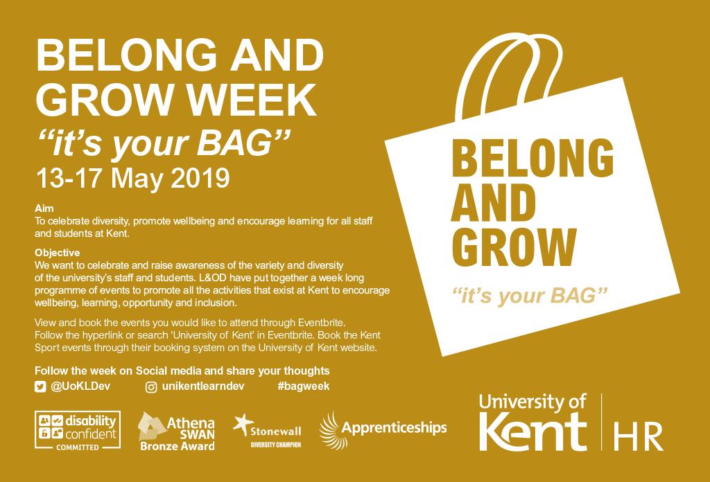 UoKTalentTeam's tweet photo. What a great start to our 'Belong and Grow' (BAG wk) Use #bagweek or see all of our tweets today, to see what has been happening to celebrate #LearningAtWorkWeek #DeafAwarenessWeek #idahot2019 #MentalHealthAwarenessWeek #staffnetworkday @UniKent @unikentstaff #allunderoneumbrella https://t.co/opccV28lDj