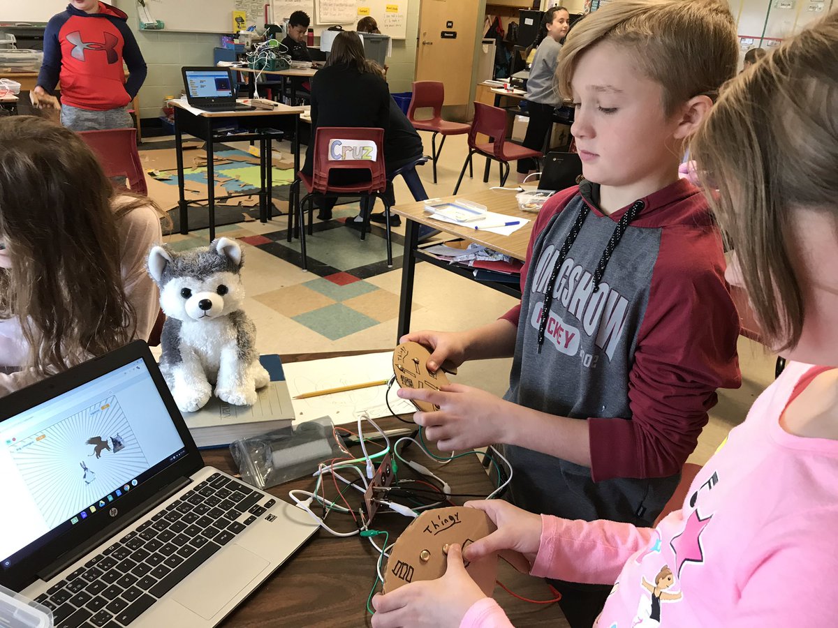 AvrceT's tweet photo. Students at Glooscap Elementary creating custom @makeymakey controllers to go with their own @scratch coded games! @AVRCE_NS https://t.co/mVGxJR5FTw