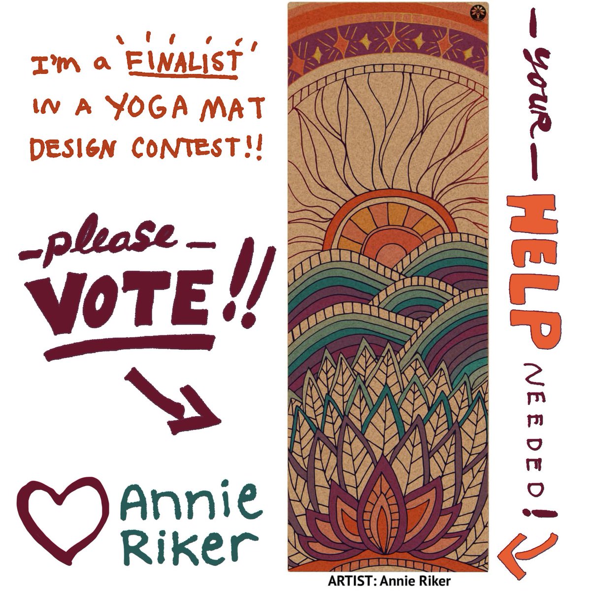 AnnieRiker's tweet photo. BIG NEWS!!!
.
I’m SO excited and honored to have my art be a FINALIST in an Asheville Yoga Mat Design Contest!!! But I need YOUR VOTE to make it happen! Please click the link to make your vote! https://t.co/QIs72QP0Ma https://t.co/pliR8dCJKN