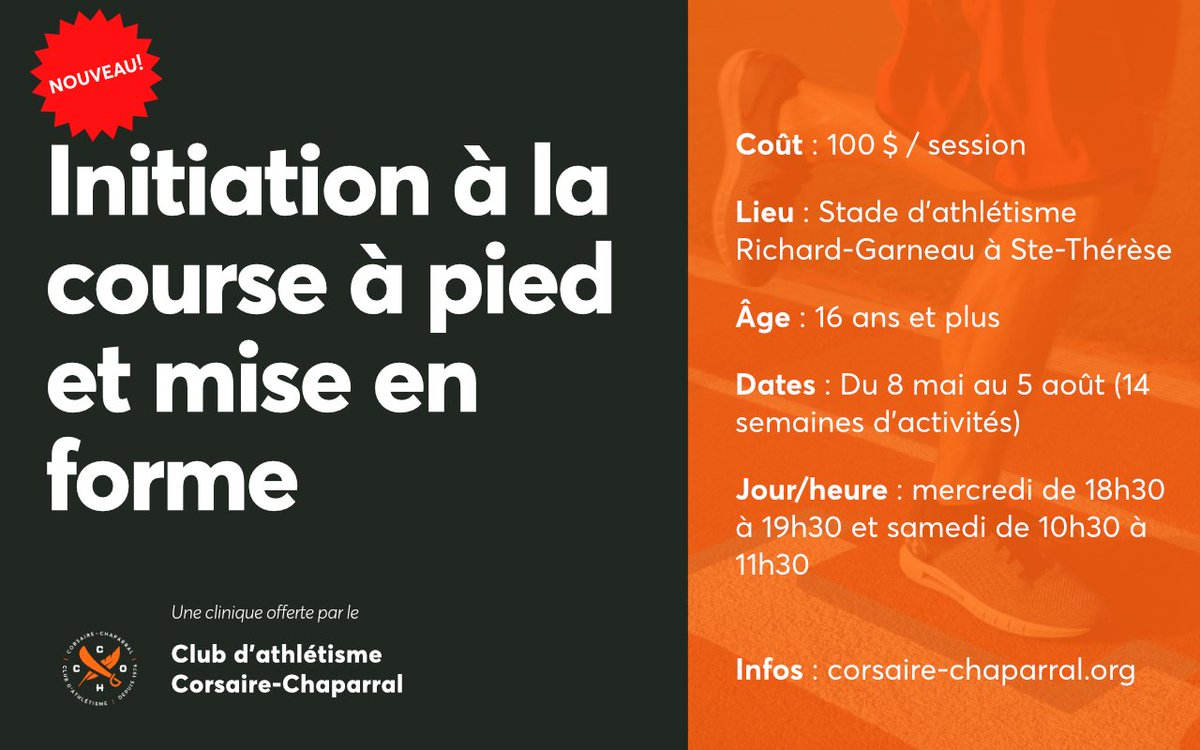 CorsaireC's tweet photo. Clinique d'initiation à la course à pied – inscrivez-vous dès maintenant! ✏️🔥

⏱ 2x par semaine : mercredi (18h30-19h30) et samedi (10h30-11h30)
📅 14 semaines d'activités
🚀 Seulement 100$

Pour s'inscrire ➡️➡️➡️ https://t.co/ElPgxxYJol https://t.co/Anqz7BKyRL
