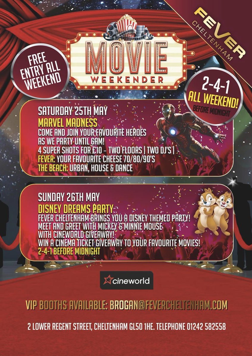 MOVIE WEEKENDER 🎥 🍿 
Saturday 25th May 👇🏻 
MARVEL MADNESS | Join your favourite marvel heroes 🦸🏻‍♀️🦸🏽‍♂️ |  4 Super shots = £10 ✨ | 2-4-1 BEFORE Midnight | TWO FLOORS - TWO DJ’S 🎧 
Sunday 26th May 👇🏻
DISNEY DREAMS PARTY 🎈
Win vouchers for your favourite CINEMA VENUE 👉🏻 CINEWORLD