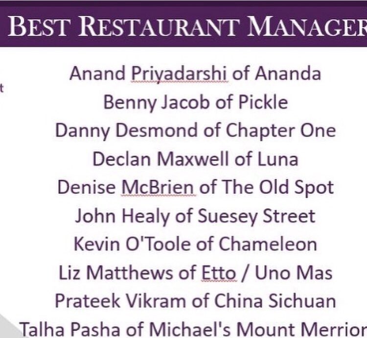 Luna_Dublin's tweet photo. Delighted with our four nominations for tonight’s @restawards @RAI_ie , here’s to a great night #foodoscars https://t.co/1MyL9vPcXD