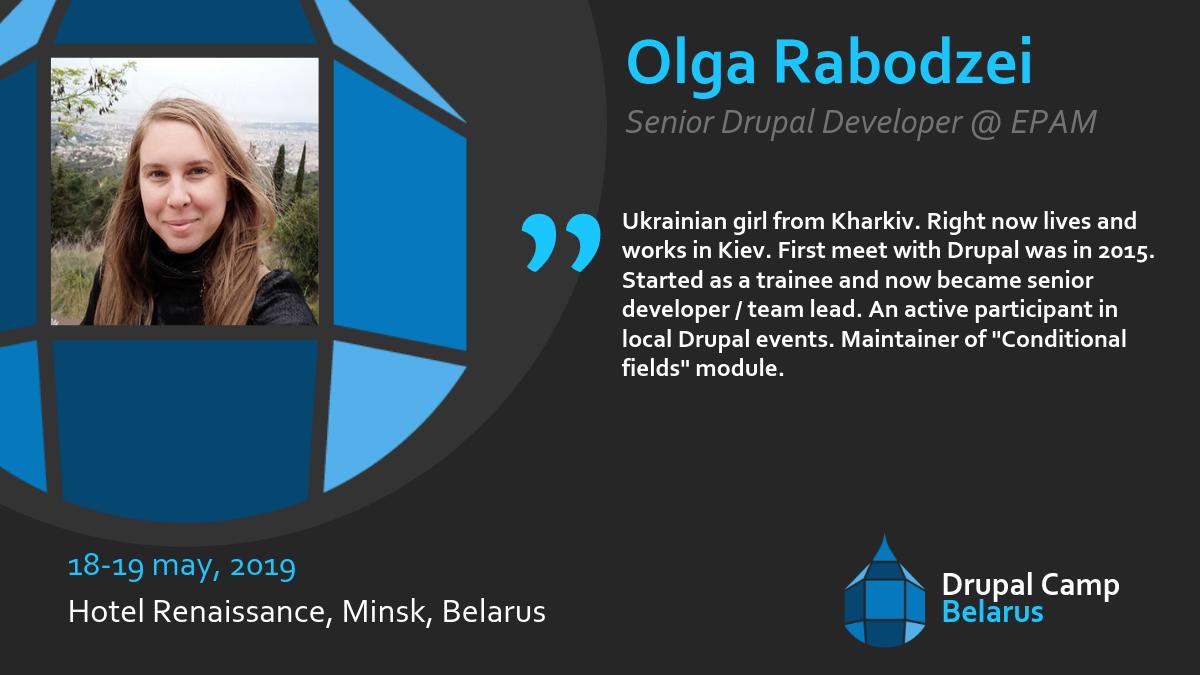 drupalbelarus's tweet image. Meet our next speaker Olga Rabodzei! 
Don&apos;t miss the chance to hear her speech on Drupal Camp Belarus 2019! 🥁🎺😃🥳💃

#drupal #drupalcamp #drupalcampbelarus2019 #drupaleurope #minsk #belarus #tickets