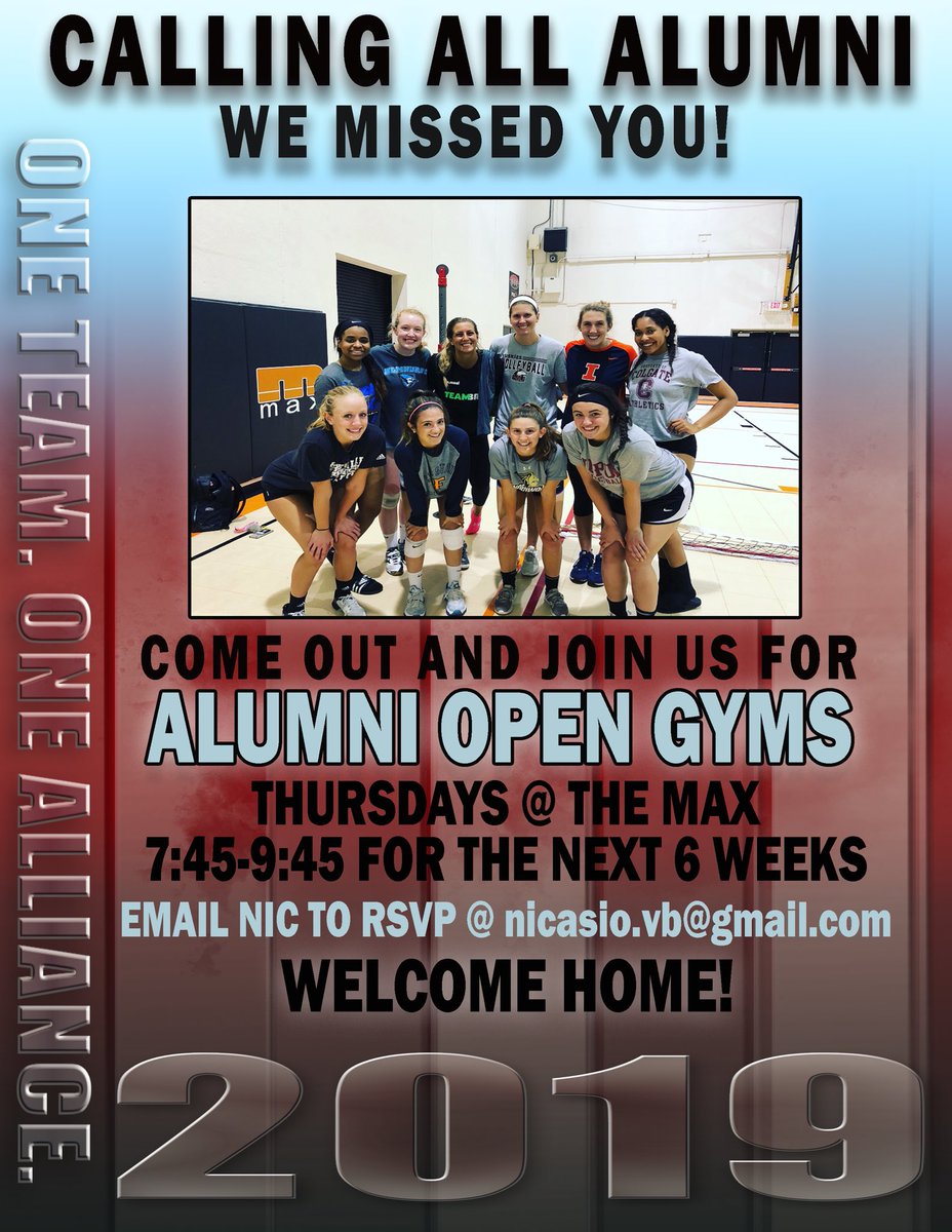 1stAllianceVBC's tweet photo. CALLING ALL ALUMNI! Open Gym starts THIS Thursday @ the Max at 7:45-9:45pm!!!! LETS GET TOGETHER AND DO A LIL BUMP, SET, SPIKE!!!! RSVP to coach Nic, email provided on post! 👊🏼🏐 #alumniforever #wemissyou #1alvbc #togetherweareone https://t.co/JMXTpeGG6j