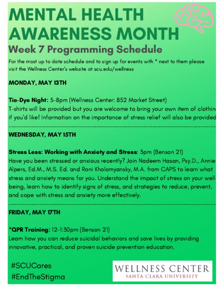 SCU_Wellness's tweet photo. May is #MentalHealthAwarenessMonth join us for a variety of programs throughout the month! Week 7 schedule below👇🏾 @CowellScu #SCUCares #EndTheStigma https://t.co/eozkv06F3x