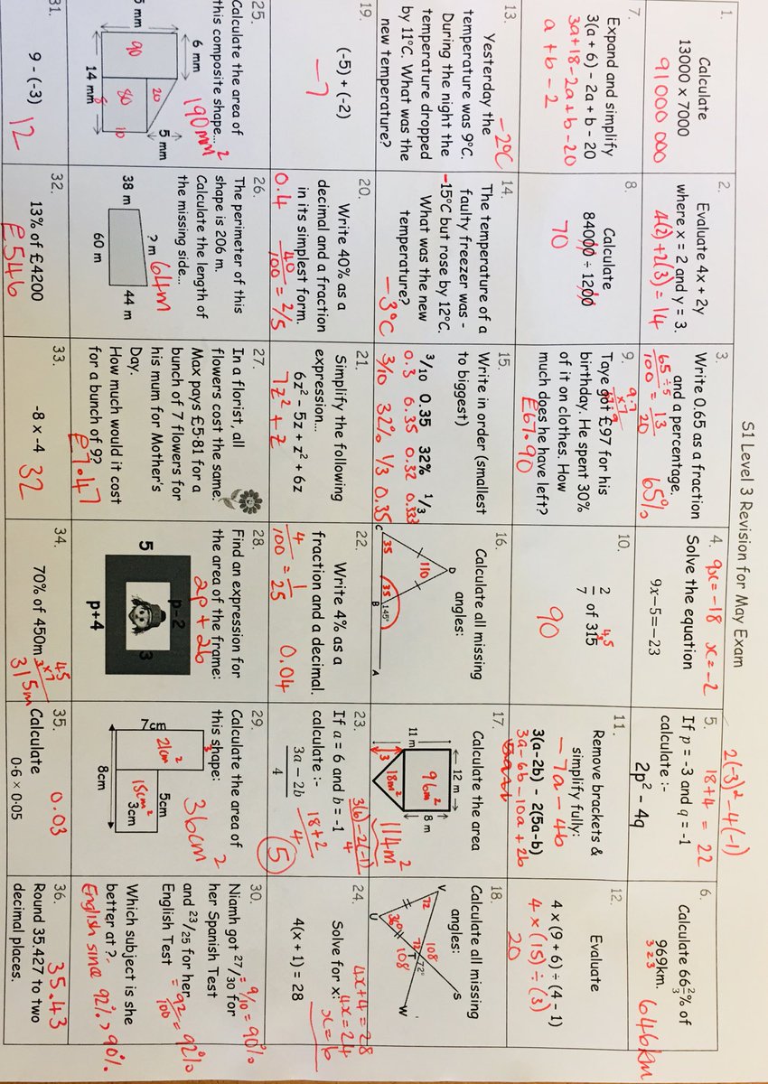 stjohnsmaths's tweet image. ‼️Mrs Munro’s S1 class ‼️ 
Answers to today’s revision worksheet as promised. Please share the photo with the rest of the class.
#happyrevising
#level3testontuesday
#extentiontestonwednesday