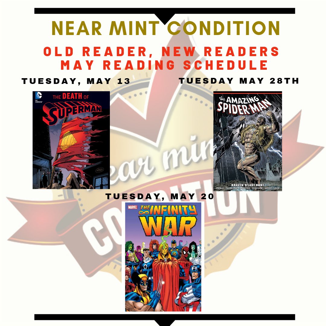 NearMintCon's tweet photo. Read with us this May! Check out the reading schedule for ORNR and follow along! Which story are you looking forward to revisiting?? 

Tags: #deathofsuperman #kravenslasthunt #theinfinitywar #spiderman #superman #marvelcomics #dccomics https://t.co/TqJmsJ9JUH