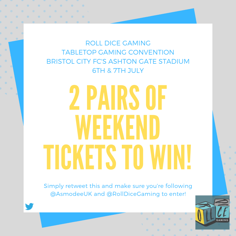 AsmodeeUK's tweet photo. We're giving away 2 pairs of weekend tickets to exciting new Tabletop Gaming Convention, @RollDiceGaming! #RT &amp; #follow to enter! #win #giveaway 

Where?📍 Bristol City FC Stadium
When?📅 6th &amp; 7th July

Event details 👉https://t.co/cuJ6kS02rU

Winners picked at random June 6th. https://t.co/Mu4ZyklPEC
