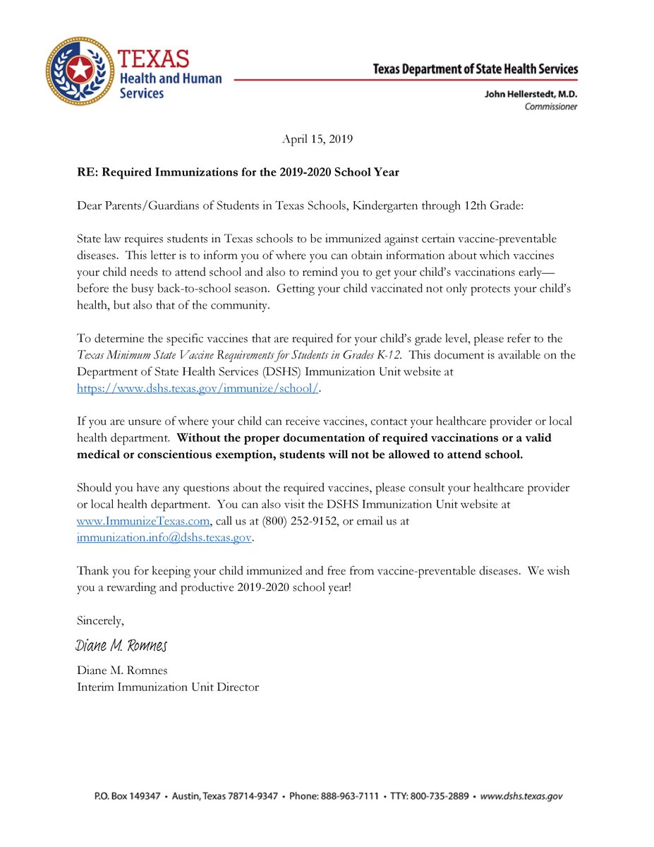 Parents should be informed of student immunization requirements for 2019-2020. View the letter from the Texas Departement of State Health Services and follow links for specific information for your student's grade level. dshs.texas.gov/immunize/schoo…