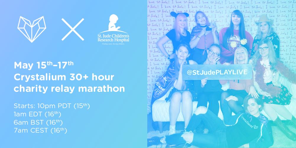 CrystaliumTeam's tweet photo. We've already crushed our goal of $50K as a team thanks to all of your help! Come celebrate and help us surpass last year's @StJudePLAYLIVE total with a Crystalium Relay💎 We'll be live for a full 30 hours of charity fundraising! 

catch the start times in your timezone below ⬇️ https://t.co/VnzuKyUHiq
