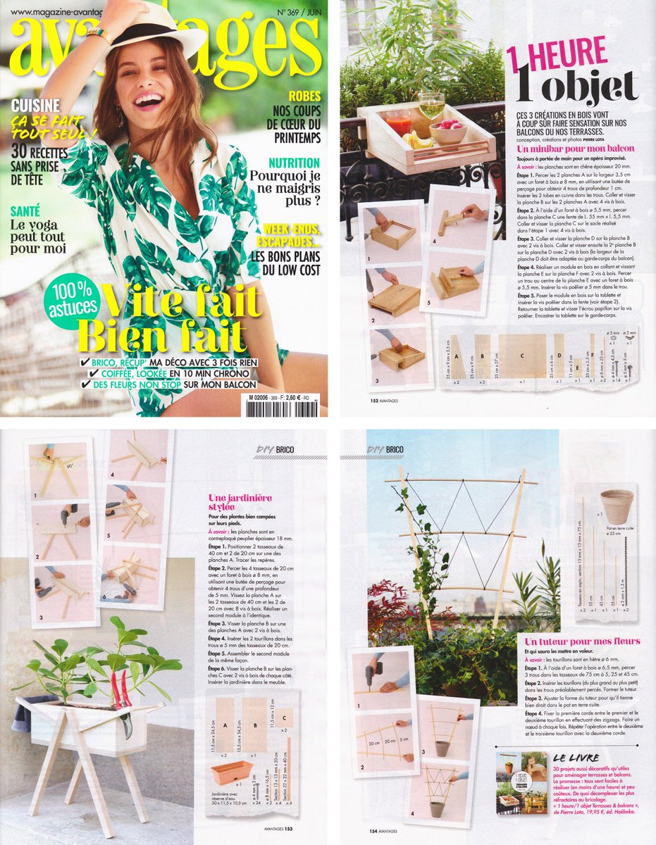 Retrouvez 3 pages dans le magazine AVANTAGES avec 3 objets extraits de mon livre 1 heure 1 objet terrasses &amp; balcons :)