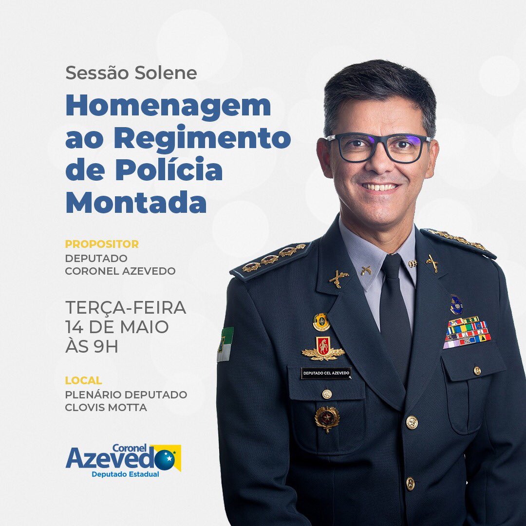 AzevedoCoronel's tweet photo. Nosso mandato propôs e a Assembleia Legislativa vai homenagear o Regimento de Polícia Montada da nossa gloriosa PM em sessão solene nesta terça-feira, 14, às 9h, no plenário Clóvis Motta. 
#mandatocoronelazevedo #rpmon #políciamilitar #servireproteger https://t.co/W9LGIZG9jD