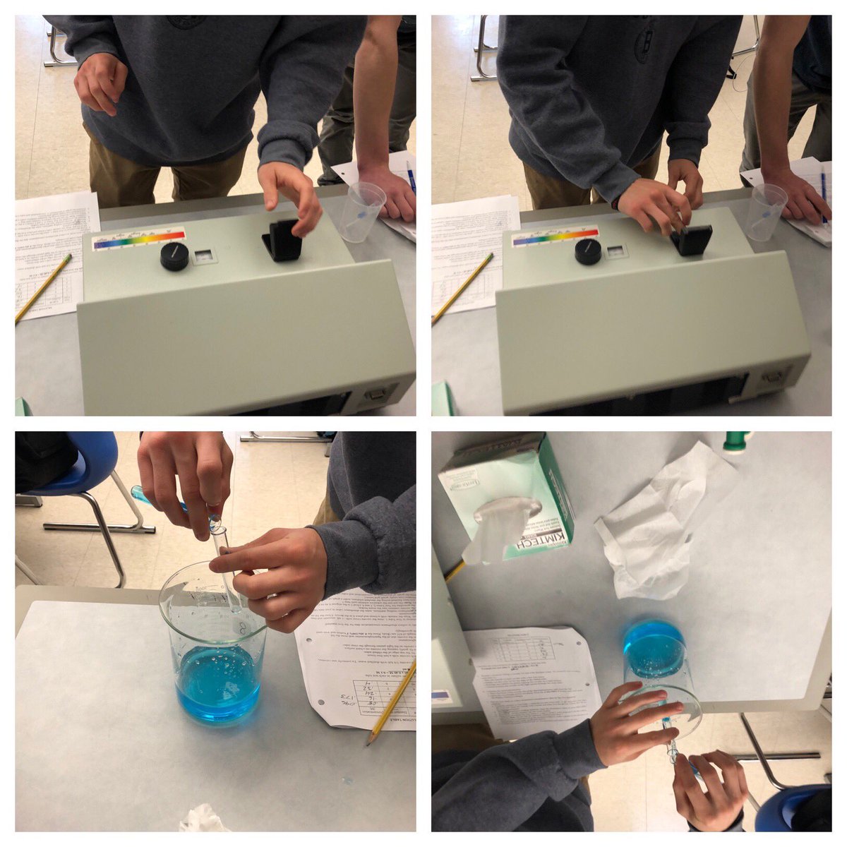 CCanfield100's tweet photo. My first-year #chemistry students use the #Spec20 to scan five CuSO₄ solutions of known concentration for absorbance and use the data to make a standard curve of [CuSO₄] vs. absorbance, then use the curve to determine [CuSO₄] in two unknowns. #science #laboratory #NewtownHS https://t.co/FnEHVa34ws