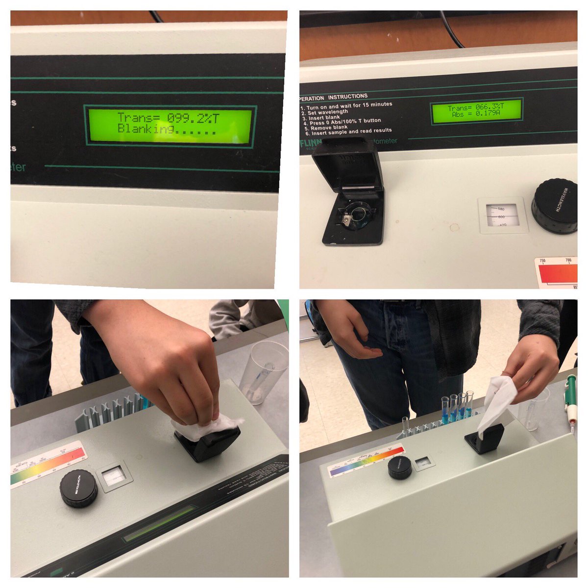 CCanfield100's tweet photo. My first-year #chemistry students use the #Spec20 to scan five CuSO₄ solutions of known concentration for absorbance and use the data to make a standard curve of [CuSO₄] vs. absorbance, then use the curve to determine [CuSO₄] in two unknowns. #science #laboratory #NewtownHS https://t.co/FnEHVa34ws