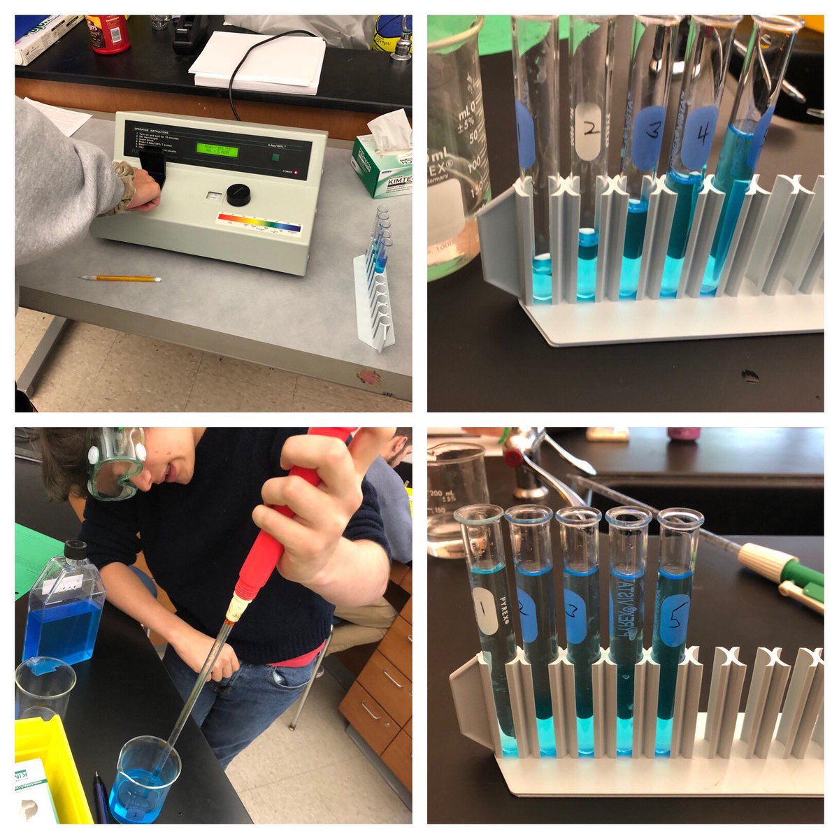 CCanfield100's tweet photo. My first-year #chemistry students use the #Spec20 to scan five CuSO₄ solutions of known concentration for absorbance and use the data to make a standard curve of [CuSO₄] vs. absorbance, then use the curve to determine [CuSO₄] in two unknowns. #science #laboratory #NewtownHS https://t.co/FnEHVa34ws