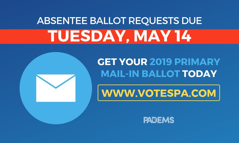 PADemParty's tweet photo. May 14th is the last day to request an absentee ballot for primaries and special elections on May 21st!

Find your county elections office on https://t.co/CPJeijTsh5 to get a mail-in ballot, and DM us if you need assistance. https://t.co/Bh8TVru0P6