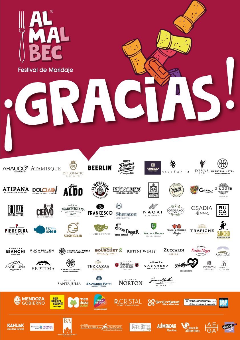 Gracias a todos y cada uno de los participantes y auspiciantes por formar parte de este Festival de Maridaje #ALMAlbec! 🍷🍇

Nos vemos en el 2020! ALMAlbec Mendoza 12 de abril al 13 de mayo!