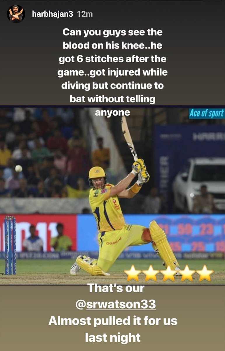 CricCrazyJohns's tweet photo. Respect @ShaneRWatson33. 
He faced the best bowling attack in this ipl and scored 80 runs in the final under pressure with blood flowing from knee. 

Fight until you die, that professionalism of Australian cricket was shown yesterday by Watson. https://t.co/xw5JhkeX3L