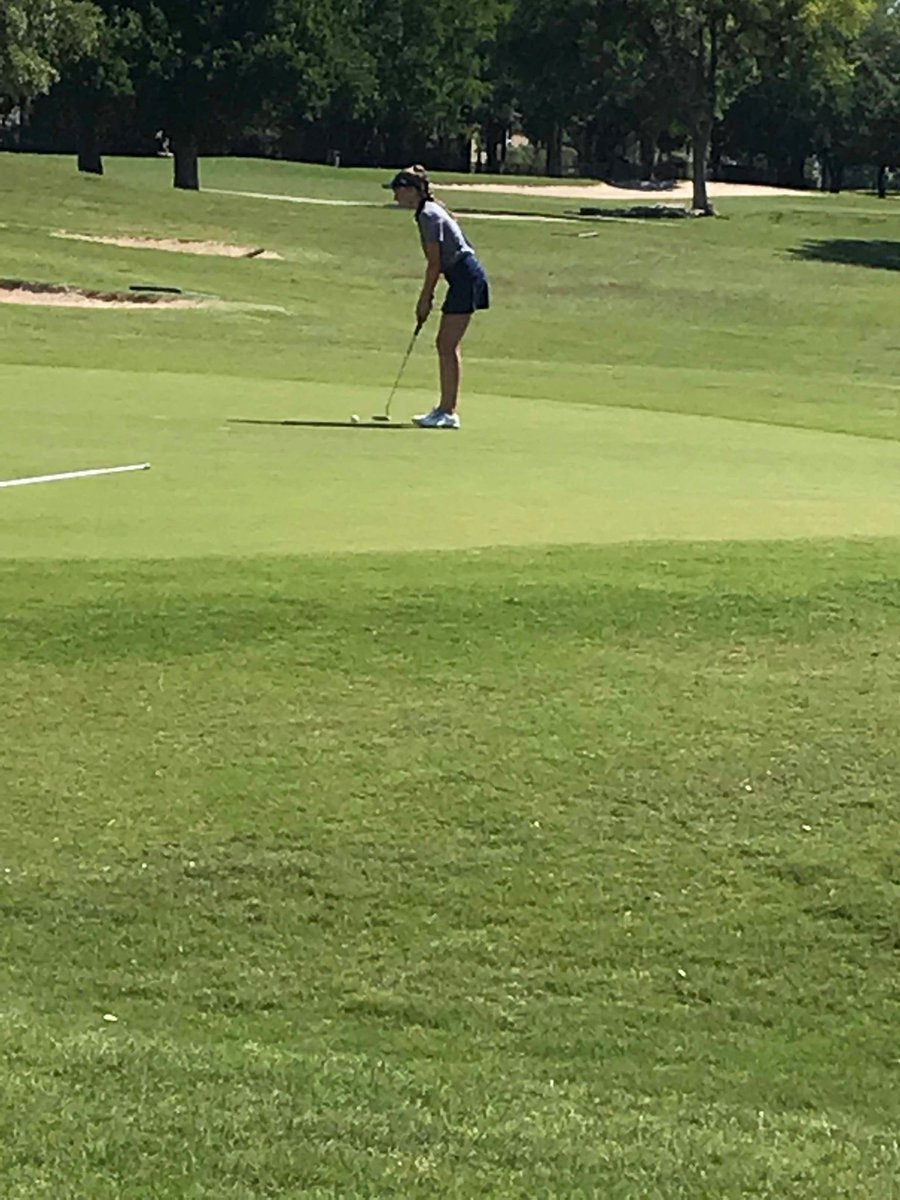Johnson’s Stevie Albright lines up her putt at the 9th hole at the UIL State Golf Championships in Georgetown