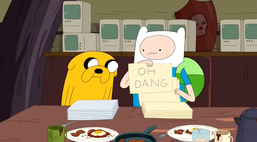 Finn and Jake distress BMO when they wager not to talk for the day, making BMO think that they are not the real Finn and Jake and to avoid them, BMO hides inside the wall while listening to it's favorite song in "Shh!", aired 6 Years Ago. #AdventureTime #DayInFandomHistory