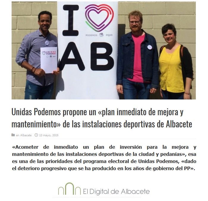 Otros se dedican a prometer espléndidas cosas nuevas mientras llevan años desatendiendo las existentes.
Proponemos mejorar y mantener correctamente lo que ya tenemos.
Noticia completa: eldigitaldealbacete.com/2019/05/13/uni… vía <a href="/ElDigitalAB/">El Digital de Albacete</a> 
#AlbaceteLoCambiasTú