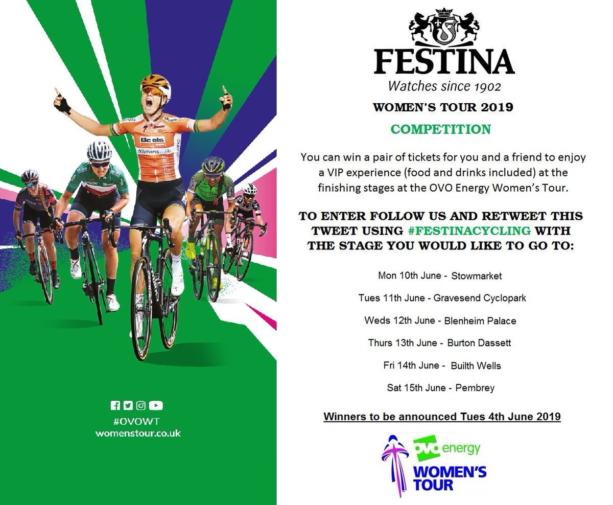 Competition Time⌚️with <a href="/TourSeries/">The Tour Series</a> <a href="/thewomenstour/">The Women's Tour</a> <a href="/TourofBritain/">Lloyds Tour of Britain</a>
To be in with a chance to win please see details below

#FestinaCycling #OvoEnergy #VIPCycling #cycling #FestinaWatches #TourSeries2019 #OvoTourSeries #competition #Festina #VIP #tickets #TourofBritain #FunFastFree