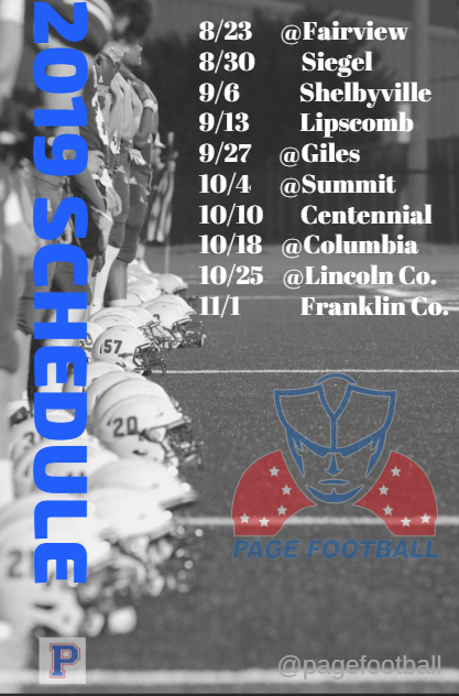 pagefootball's tweet photo. 2019 Schedule!  Start off with the Battle of 840.  Play two home games against Regional Foe's.  Renewing games against a local private school and previous Region partner.  Home games against a Ruco school and out of region Wilco school from just up the road.  Is it August Yet? https://t.co/8Tush0CLeV