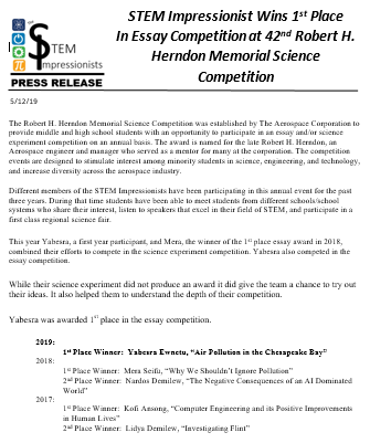angela_dehart's tweet photo. One of my students just won 1st place in the Robert H. Herndon Memorial Science Essay Competition. The speaker for the event were inspiring. The event is always first class. #SIP #STEMimpressionists #HerndonScienceCompetition https://t.co/m49QuORcUK