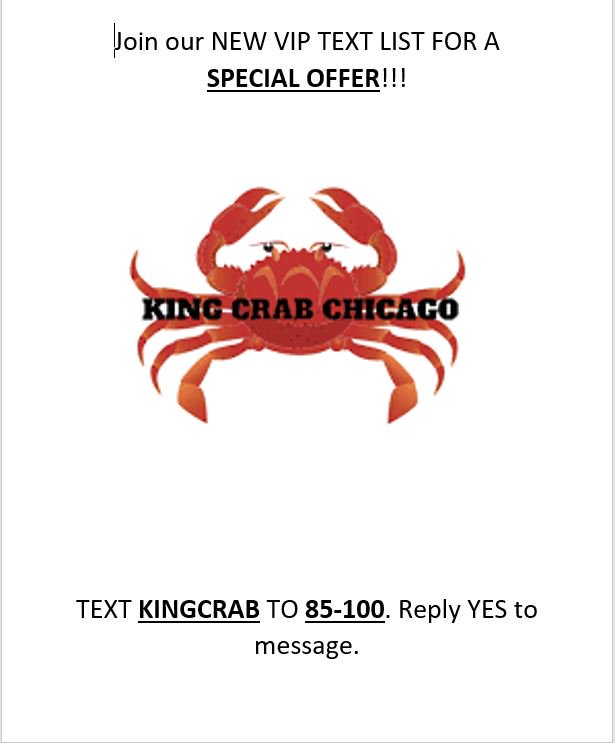Special Offer!! Join our NEW VIP TEXT LIST!! 

#vip #chicago #specialoffer #crabhouse #seafood