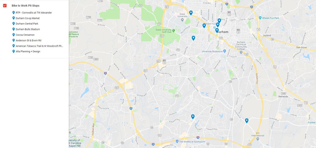 Friday (May 17) is #BiketoWorkDay! Check out the full list of Durham pit stops here: bikedurham.org/bikemonth. Stop by a pit stop for coffee, swag, and to meet other cyclists.