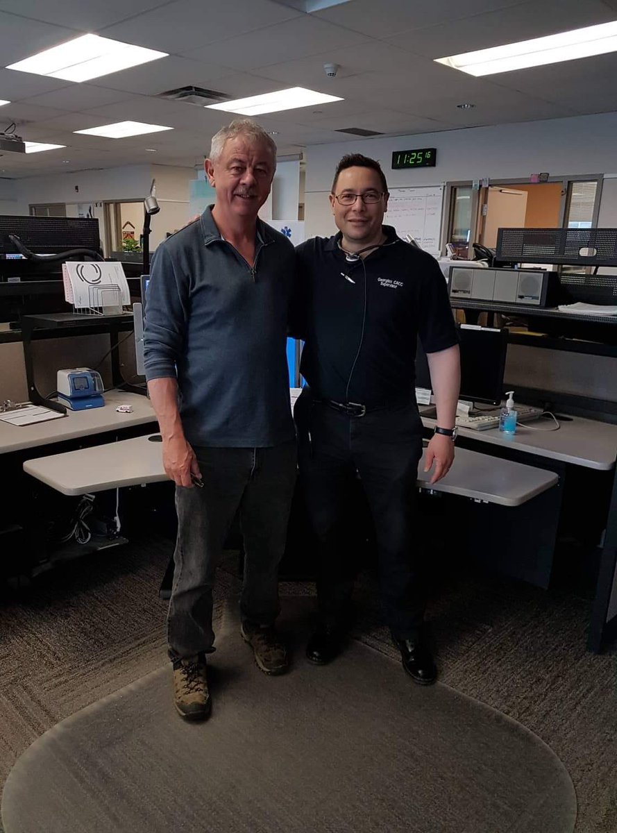 Opseulocal303's tweet photo. Today retired paramedic Jack got to meet and shake the hand of Richard, the dispatch supervisor who did Jacks “last call” and rendered him speechless. Thank you Rich! #geoCACC #dispatch #signoff #lastcall #retired #paramedic #paramediclife https://t.co/OVlS80fPRD