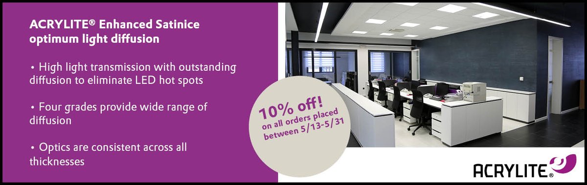 ACRYLITE's tweet image. Our #ACRYLITE enhanced Satinice is on sale now for 10%. Get it now! 

#lightdiffusion #satinice #acrylicsheet #lighting 

bit.ly/2Hjv0Zs